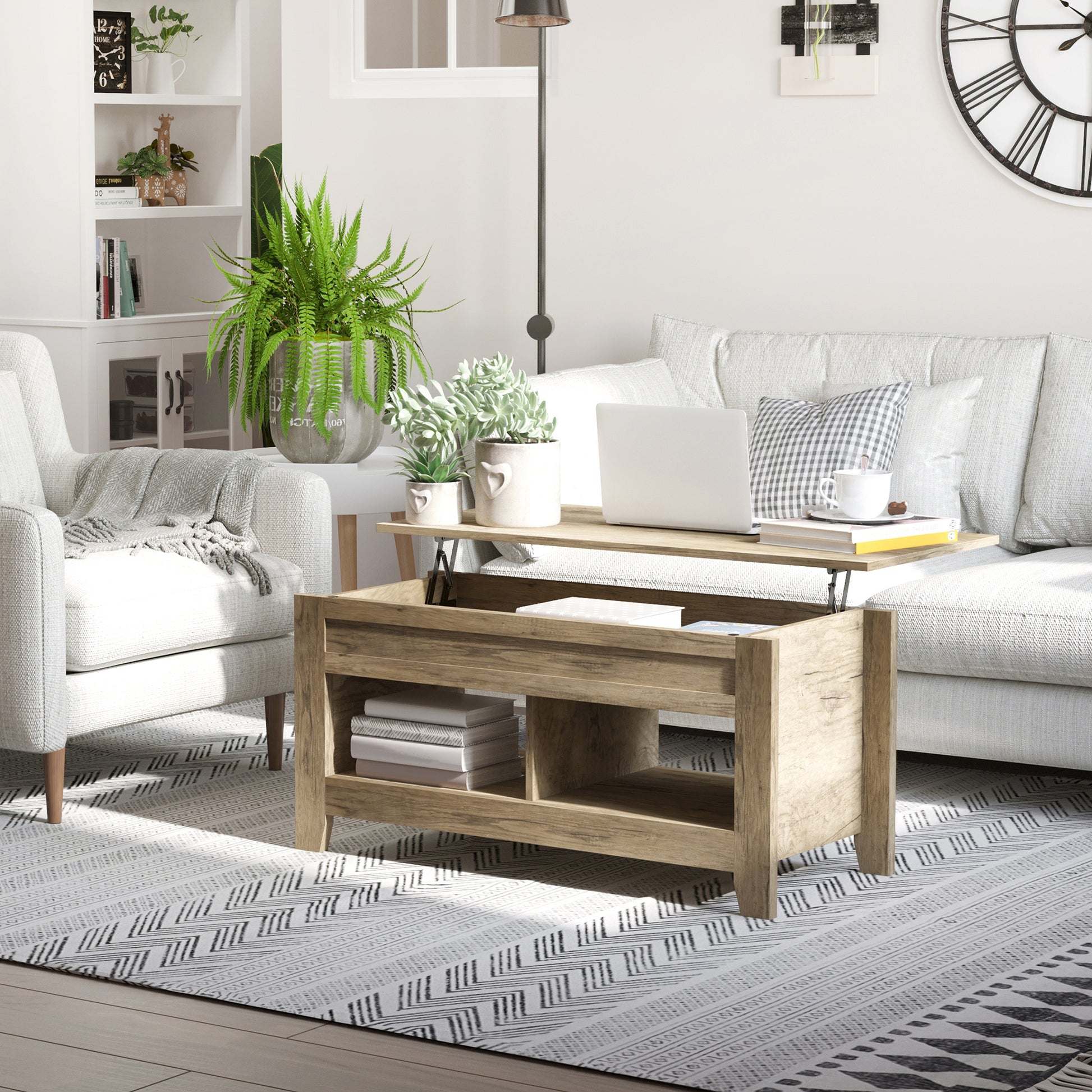 Lift Top Coffee Table, Living Room Table with Shelves and Hidden Compartment, 105 x 50 x 49-62.5 cm for Living Room, Bedroom, Oak Wood