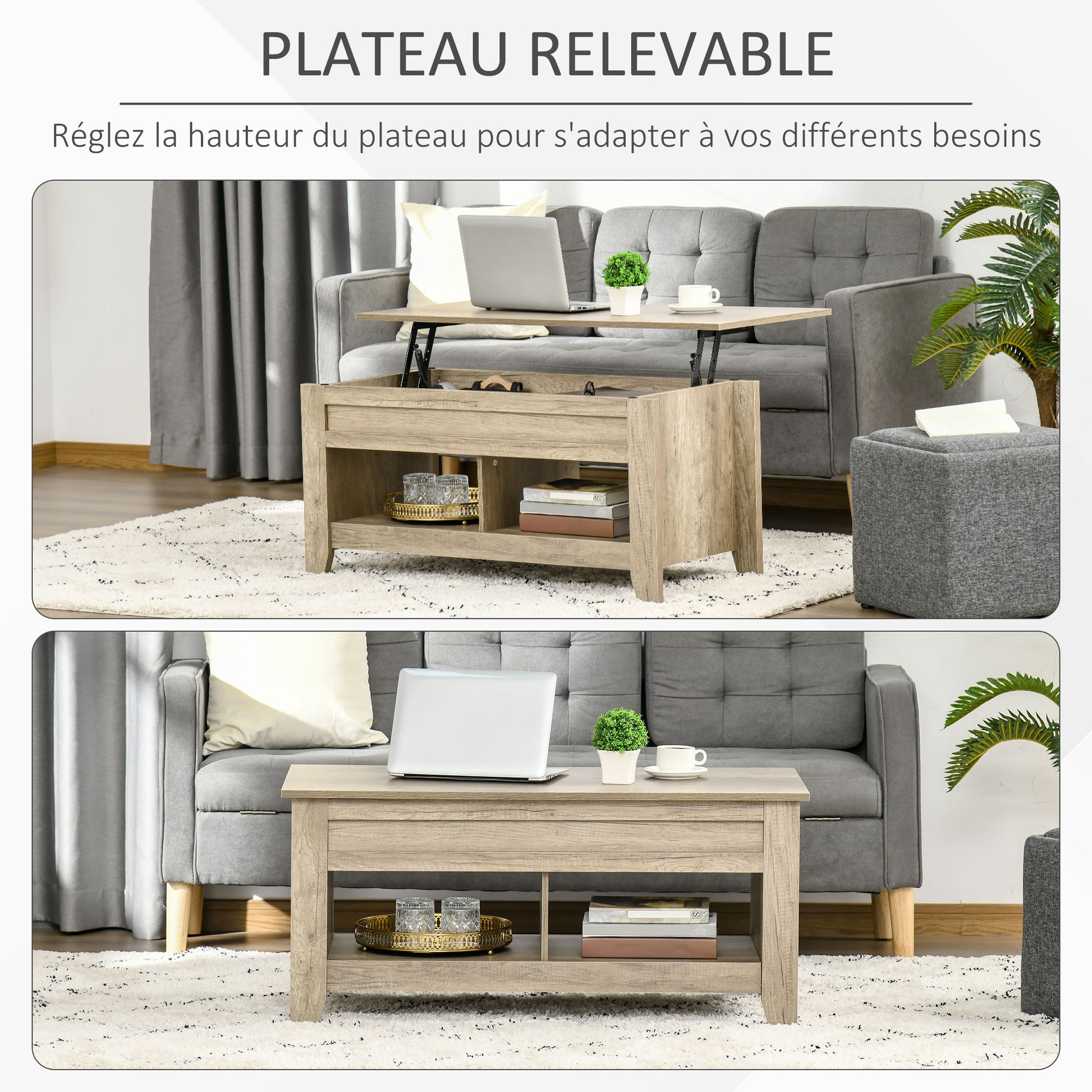 Lift Top Coffee Table, Living Room Table with Shelves and Hidden Compartment, 105 x 50 x 49-62.5 cm for Living Room, Bedroom, Oak Wood