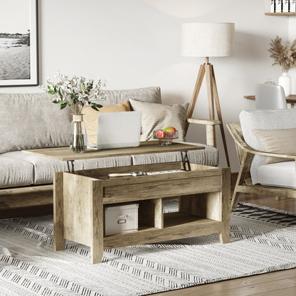 Lift Top Coffee Table, Living Room Table with Shelves and Hidden Compartment, 105 x 50 x 49-62.5 cm for Living Room, Bedroom, Oak Wood
