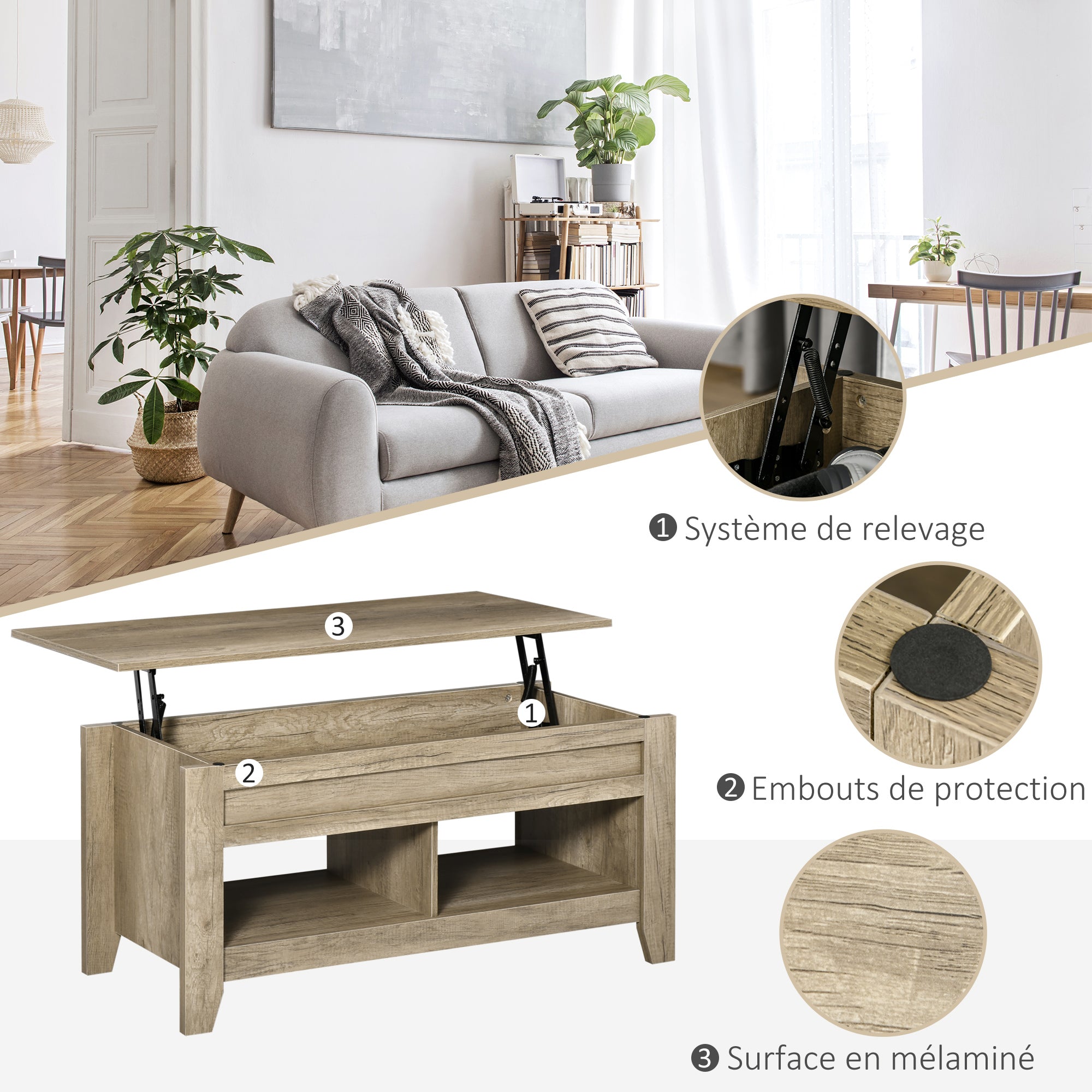 Lift Top Coffee Table, Living Room Table with Shelves and Hidden Compartment, 105 x 50 x 49-62.5 cm for Living Room, Bedroom, Oak Wood