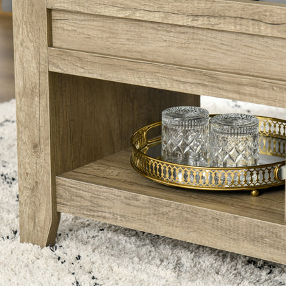 Lift Top Coffee Table, Living Room Table with Shelves and Hidden Compartment, 105 x 50 x 49-62.5 cm for Living Room, Bedroom, Oak Wood