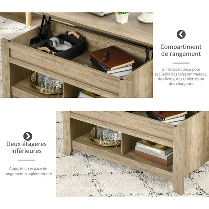 Lift Top Coffee Table, Living Room Table with Shelves and Hidden Compartment, 105 x 50 x 49-62.5 cm for Living Room, Bedroom, Oak Wood