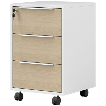 Desk Drawer with 3 Drawers Office Drawer with Wheels Lock and 2 Keys Mobile Filing Cabinet for Study Room 40x40x63.5 cm White and Oak