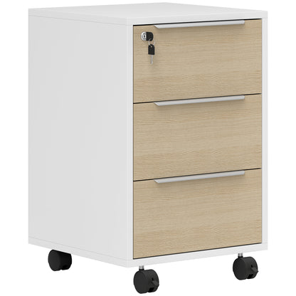 Desk Drawer with 3 Drawers Office Drawer with Wheels Lock and 2 Keys Mobile Filing Cabinet for Study Room 40x40x63.5 cm White and Oak