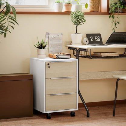 Desk Drawer with 3 Drawers Office Drawer with Wheels Lock and 2 Keys Mobile Filing Cabinet for Study Room 40x40x63.5 cm White and Oak
