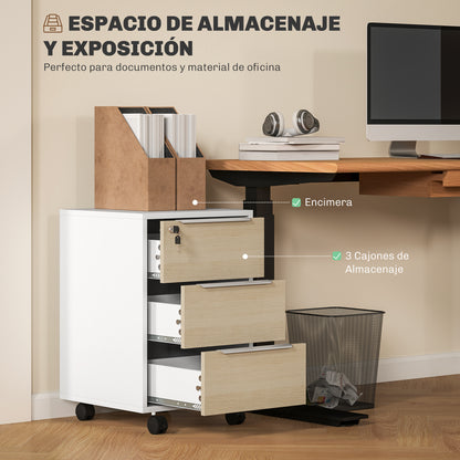 Desk Drawer with 3 Drawers Office Drawer with Wheels Lock and 2 Keys Mobile Filing Cabinet for Study Room 40x40x63.5 cm White and Oak