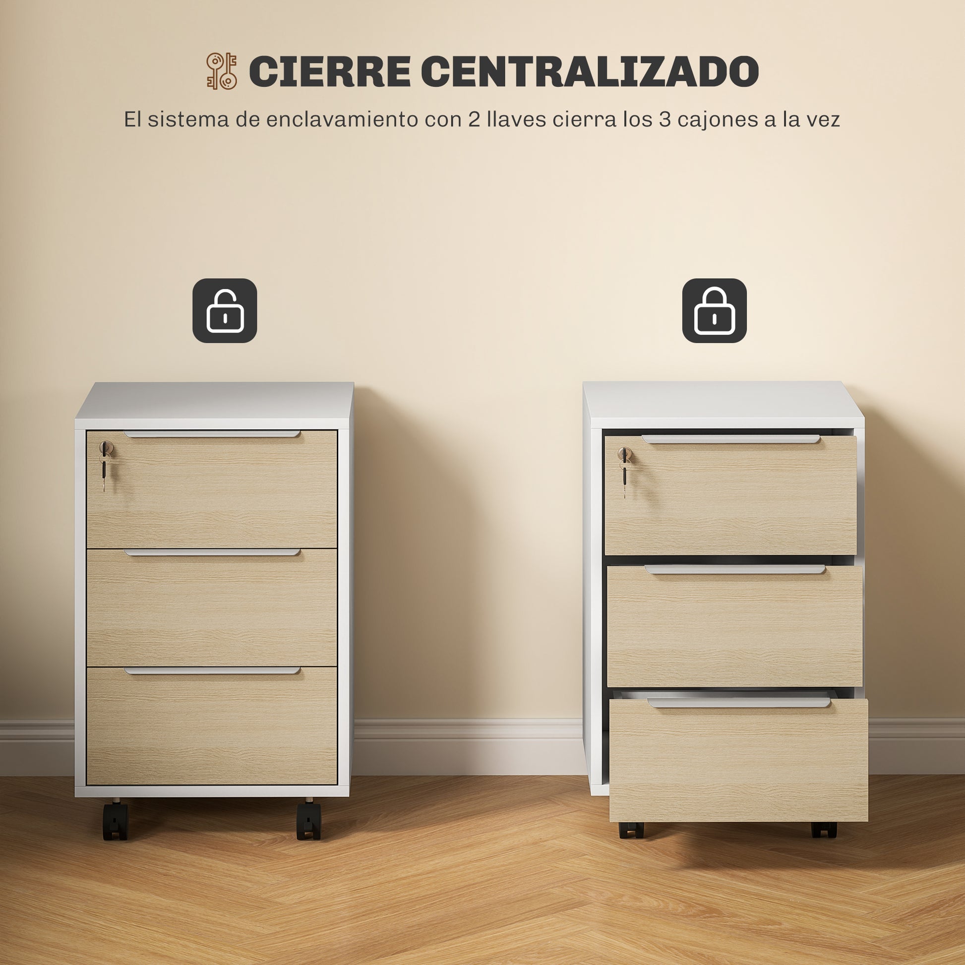 Desk Drawer with 3 Drawers Office Drawer with Wheels Lock and 2 Keys Mobile Filing Cabinet for Study Room 40x40x63.5 cm White and Oak