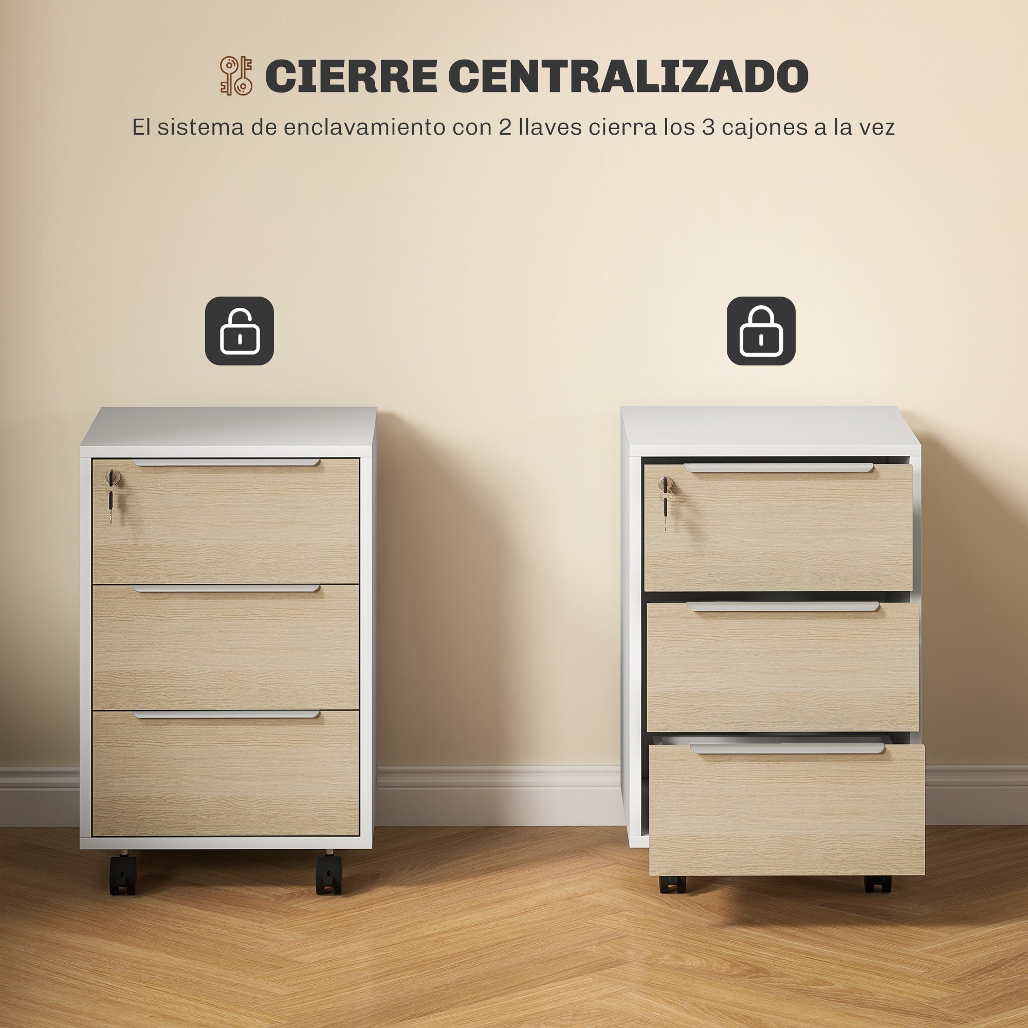 Desk Drawer with 3 Drawers Office Drawer with Wheels Lock and 2 Keys Mobile Filing Cabinet for Study Room 40x40x63.5 cm White and Oak