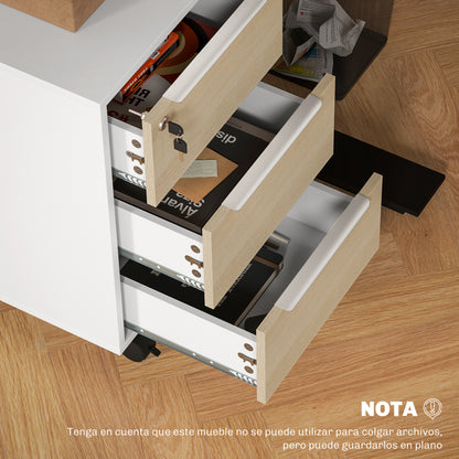Desk Drawer with 3 Drawers Office Drawer with Wheels Lock and 2 Keys Mobile Filing Cabinet for Study Room 40x40x63.5 cm White and Oak
