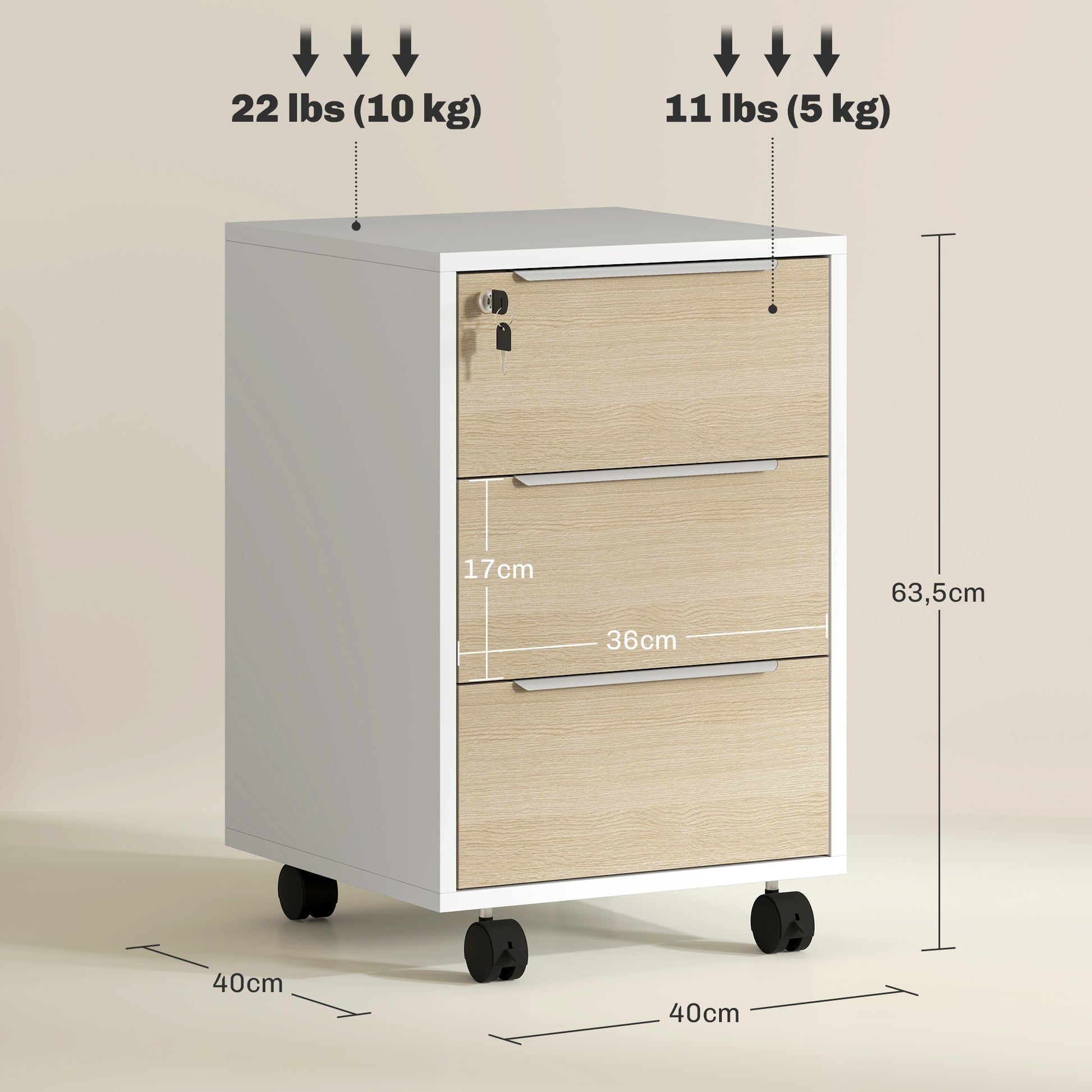 Desk Drawer with 3 Drawers Office Drawer with Wheels Lock and 2 Keys Mobile Filing Cabinet for Study Room 40x40x63.5 cm White and Oak