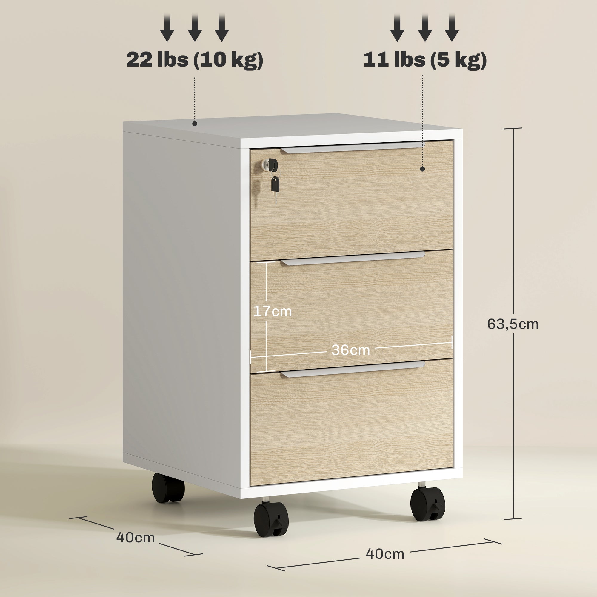 Desk Drawer with 3 Drawers Office Drawer with Wheels Lock and 2 Keys Mobile Filing Cabinet for Study Room 40x40x63.5 cm White and Oak