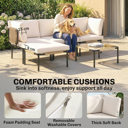 PE Rattan 5-Piece Garden Furniture Set – Modular L-Shaped Lounge with 3 Chairs, Glass Table, Ottoman & Removable Cushions, Khaki