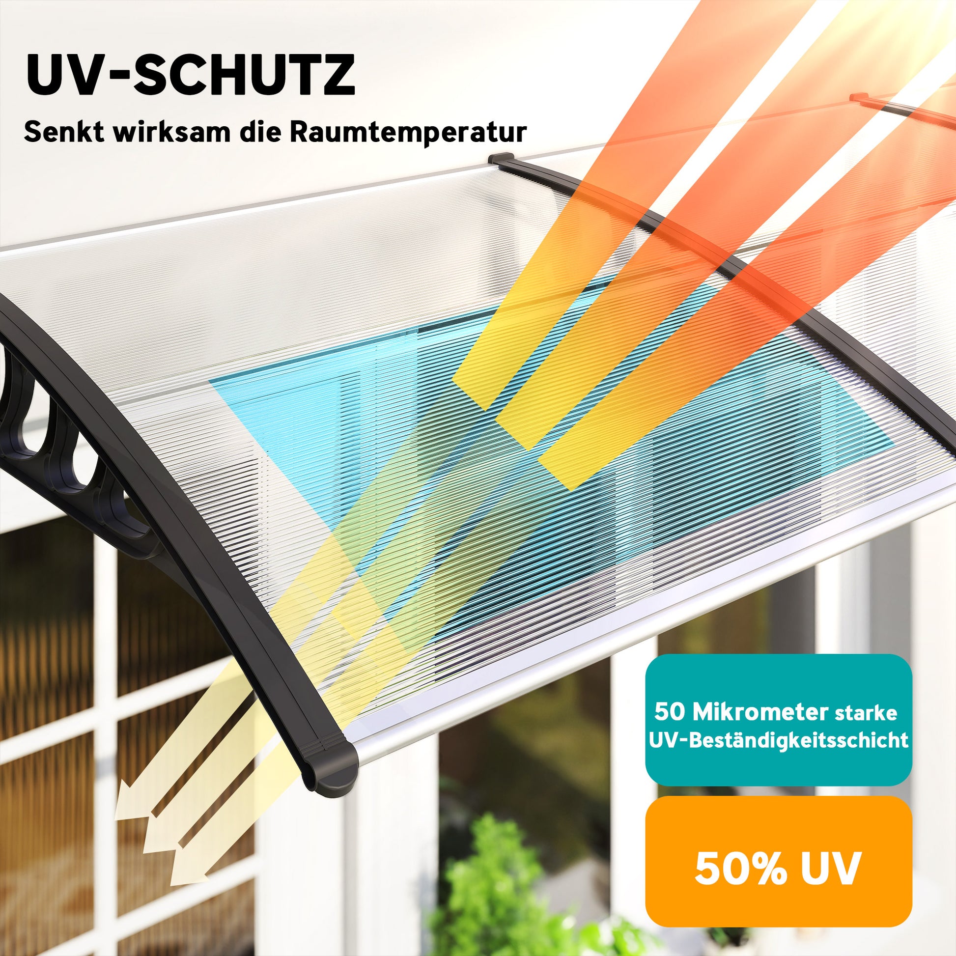 Flat Canopy Awning for Front Door 303 x 96 x 27 cm Canopy with UV Protection, Rain Protection Sunshade for Outdoor Use Aluminum Black