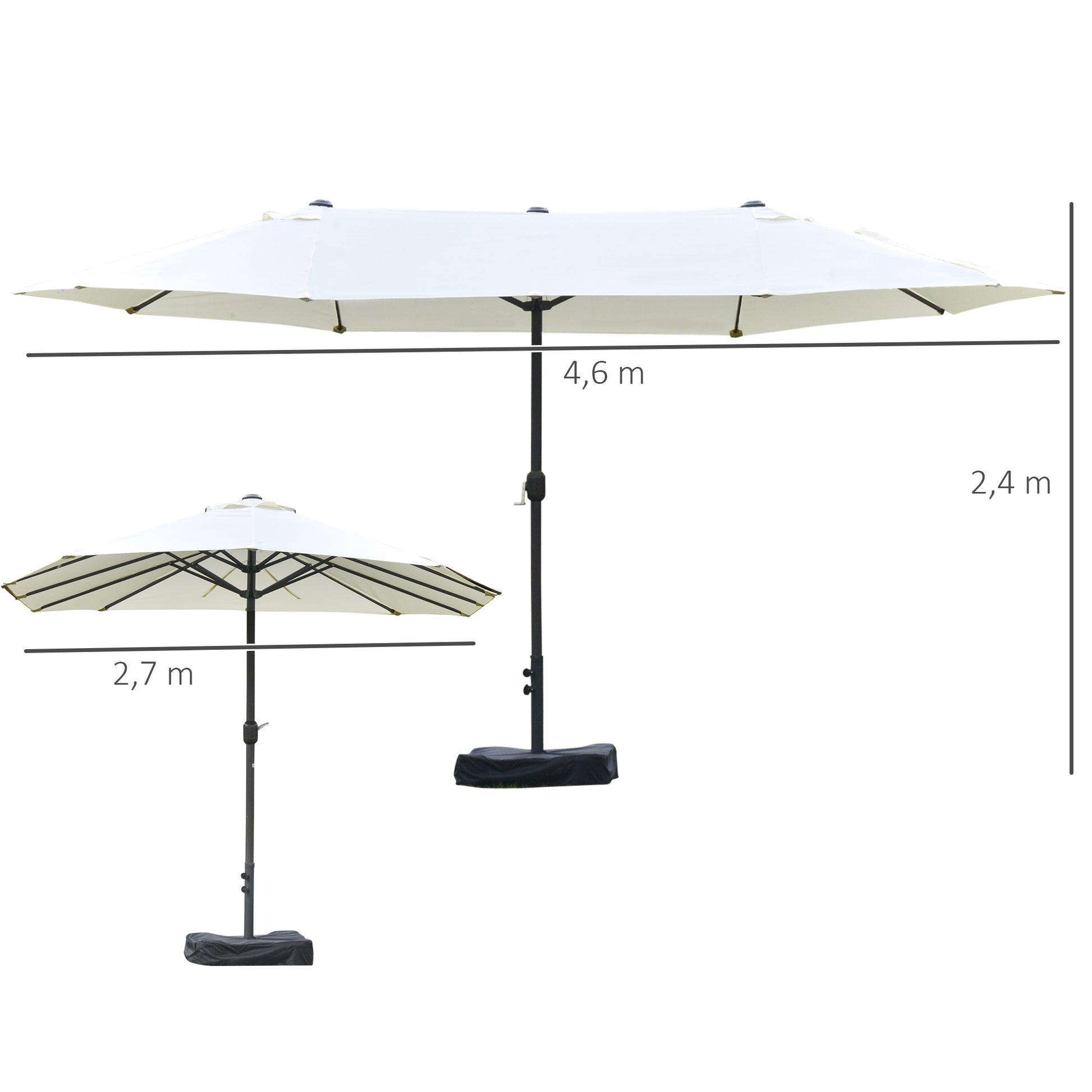 Outdoor Garden Double Rectangular Parasol 4.6L x 2.7W x 2.4H m with crank opening closing, sandbags and base included, for balcony, pool, beige
