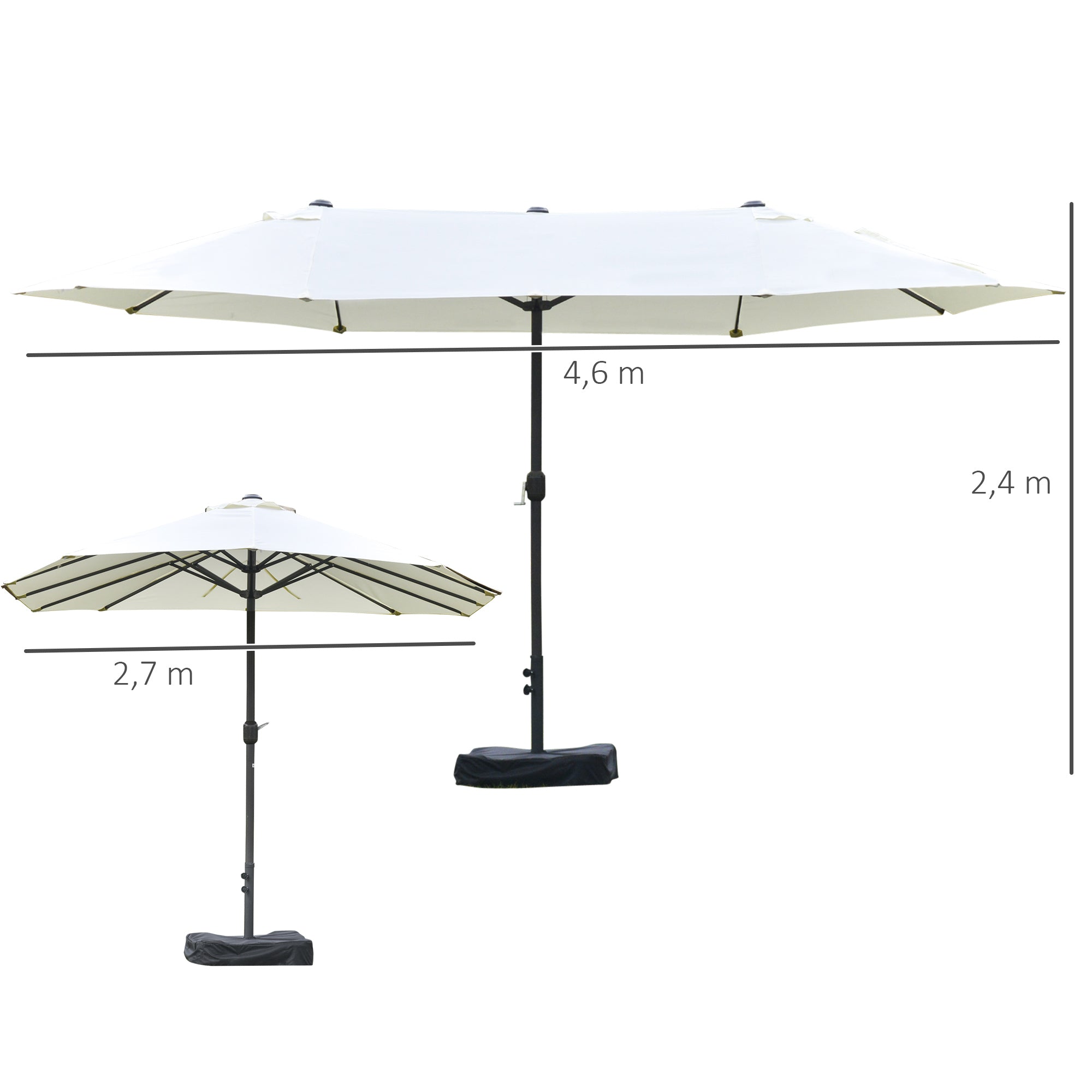 Outdoor Garden Double Rectangular Parasol 4.6L x 2.7W x 2.4H m with crank opening closing, sandbags and base included, for balcony, pool, beige