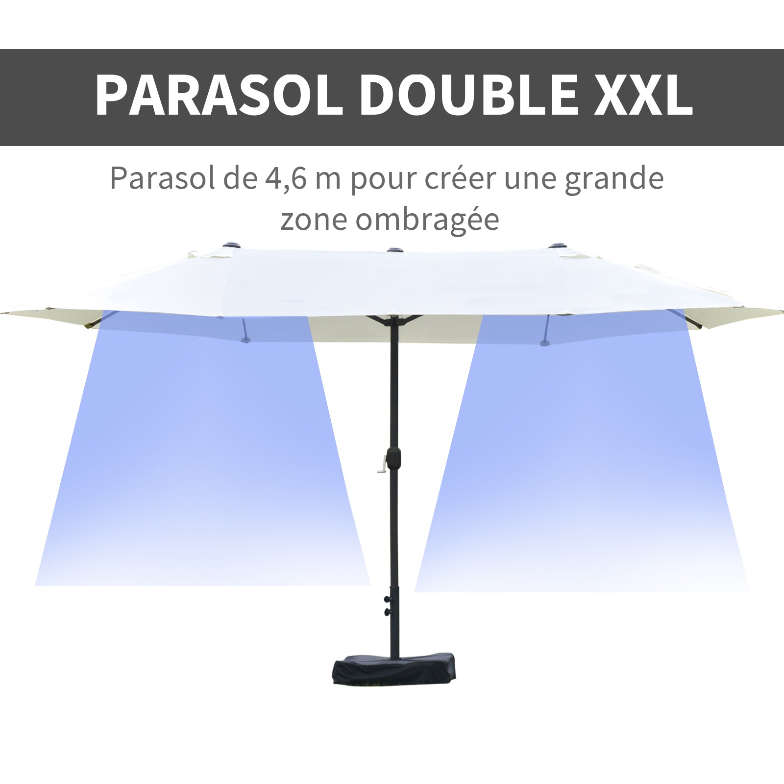 Outdoor Garden Double Rectangular Parasol 4.6L x 2.7W x 2.4H m with crank opening closing, sandbags and base included, for balcony, pool, beige
