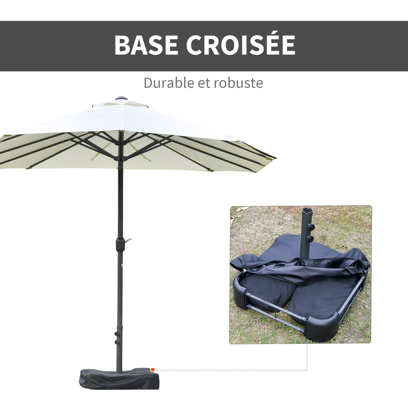 Outdoor Garden Double Rectangular Parasol 4.6L x 2.7W x 2.4H m with crank opening closing, sandbags and base included, for balcony, pool, beige
