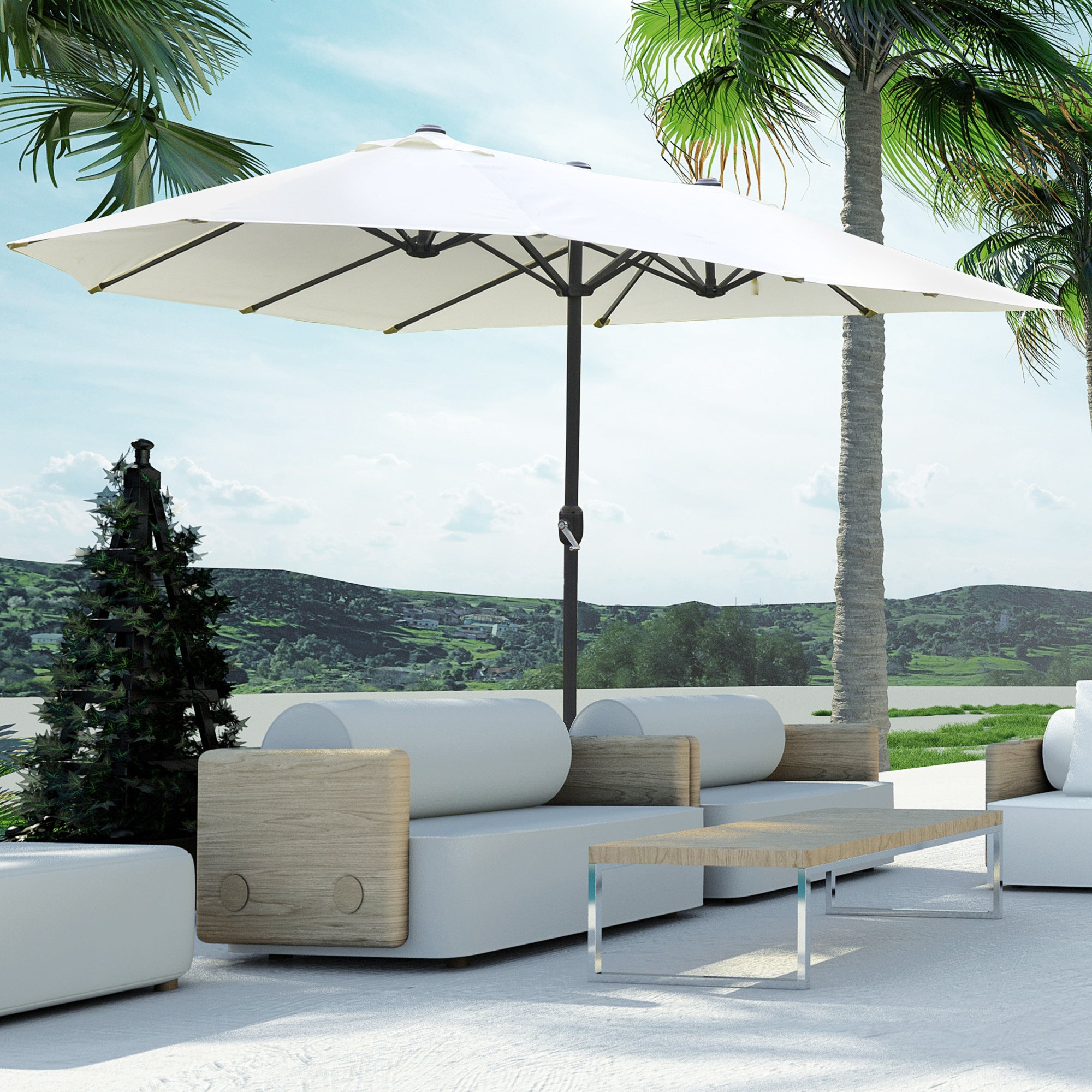 Outdoor Garden Double Rectangular Parasol 4.6L x 2.7W x 2.4H m with crank opening closing, sandbags and base included, for balcony, pool, beige