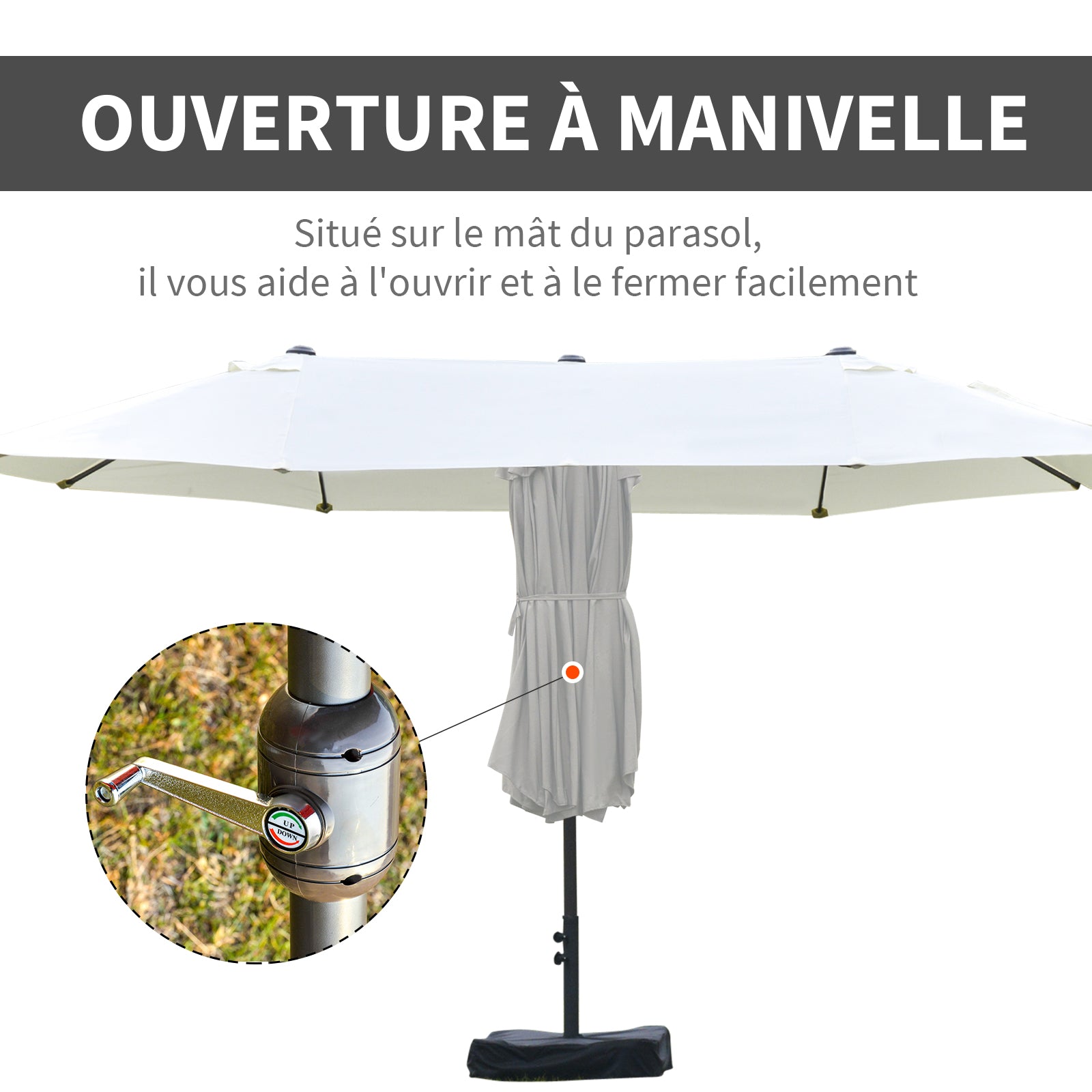 Outdoor Garden Double Rectangular Parasol 4.6L x 2.7W x 2.4H m with crank opening closing, sandbags and base included, for balcony, pool, beige
