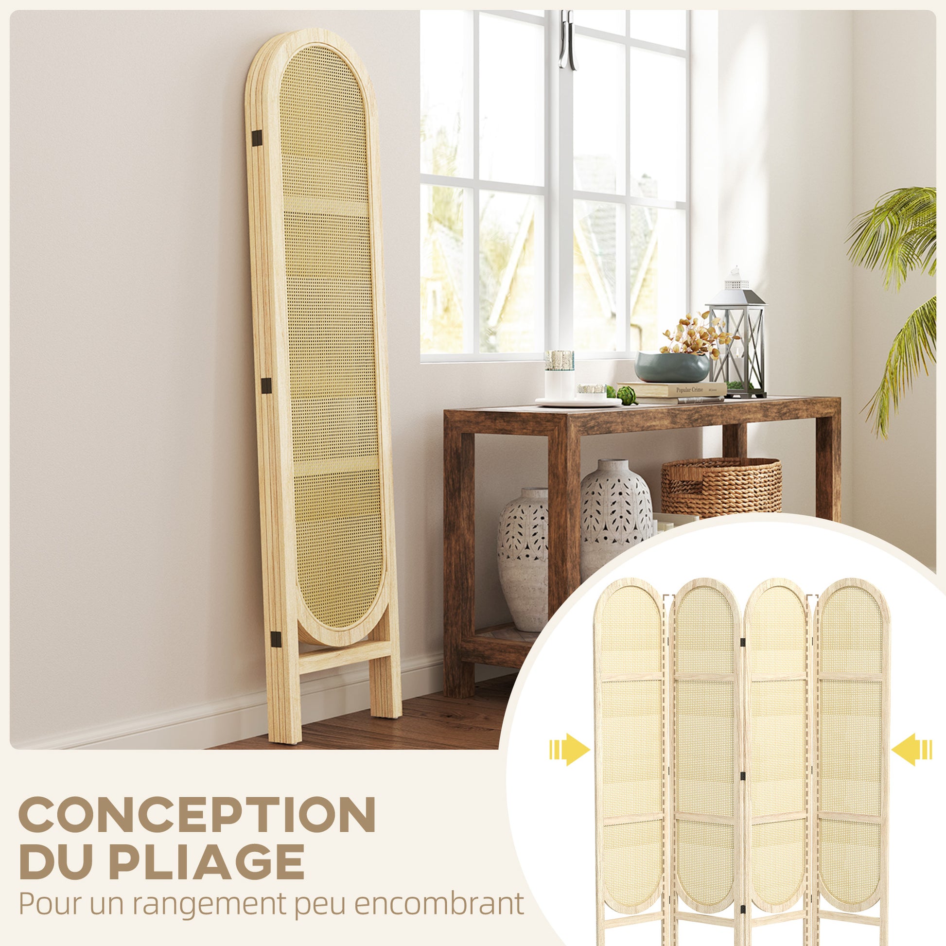 Indoor Wooden Room Divider 4 Panels 170 x 160 cm Foldable and Portable, Handwoven Pattern, Partition Screen for Living Room Bedroom Home, Natural Wood