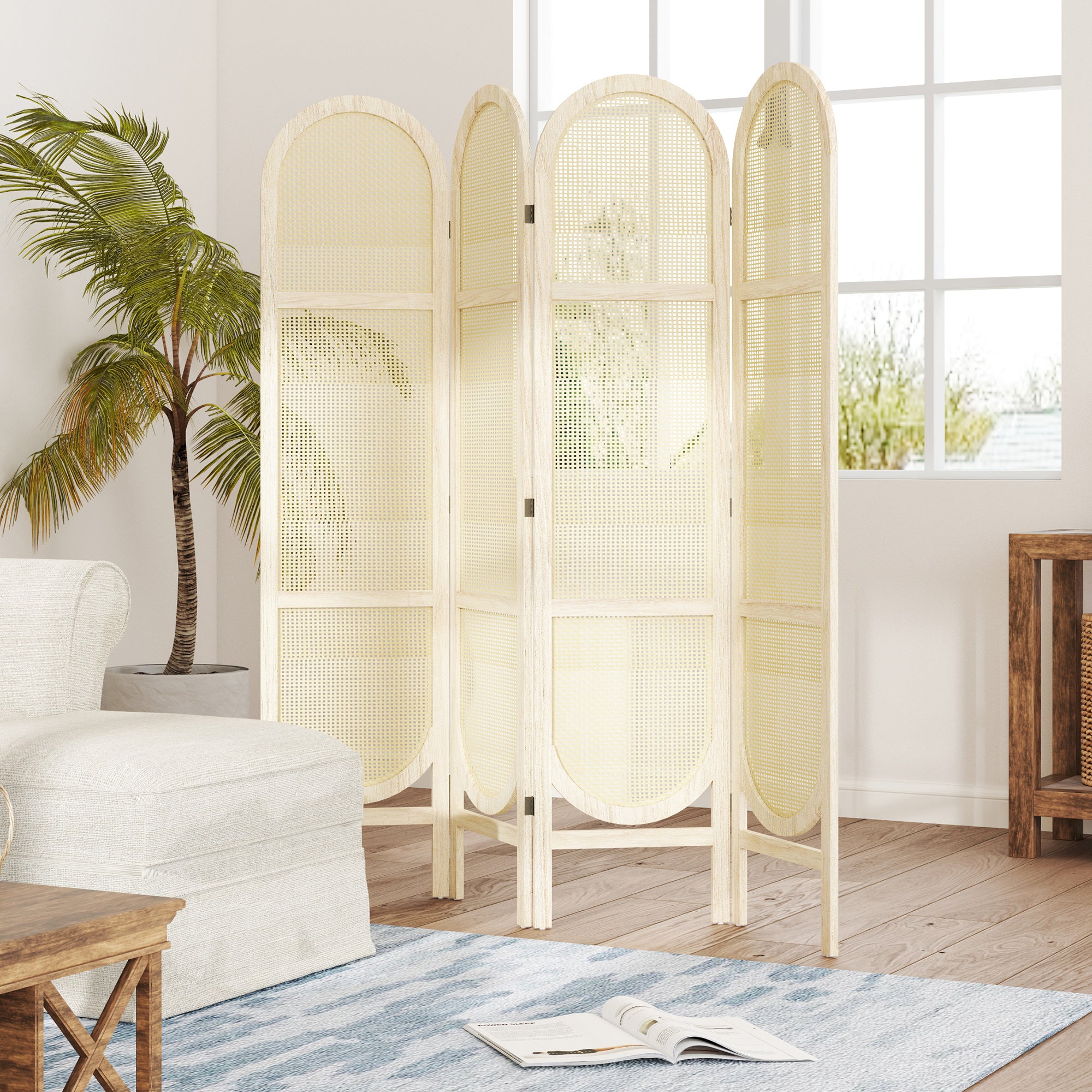 Indoor Wooden Room Divider 4 Panels 170 x 160 cm Foldable and Portable, Handwoven Pattern, Partition Screen for Living Room Bedroom Home, Natural Wood