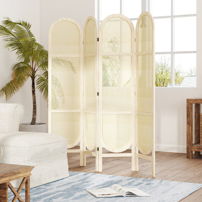 Indoor Wooden Room Divider 4 Panels 170 x 160 cm Foldable and Portable, Handwoven Pattern, Partition Screen for Living Room Bedroom Home, Natural Wood