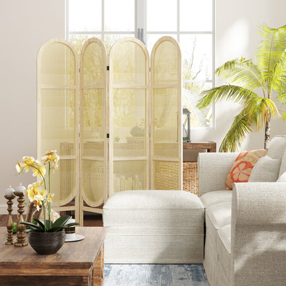 Indoor Wooden Room Divider 4 Panels 170 x 160 cm Foldable and Portable, Handwoven Pattern, Partition Screen for Living Room Bedroom Home, Natural Wood