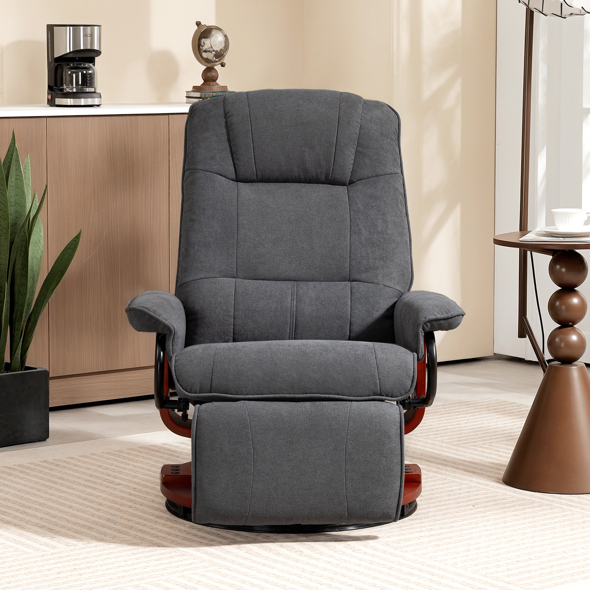 Recliner Armchair with Adjustable Footrest, 360° Swivel, Solid Wood Legs, Linen-Style Gray Fabric