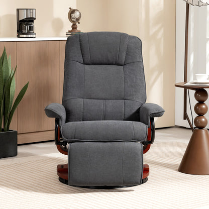 Recliner Armchair with Adjustable Footrest, 360° Swivel, Solid Wood Legs, Linen-Style Gray Fabric