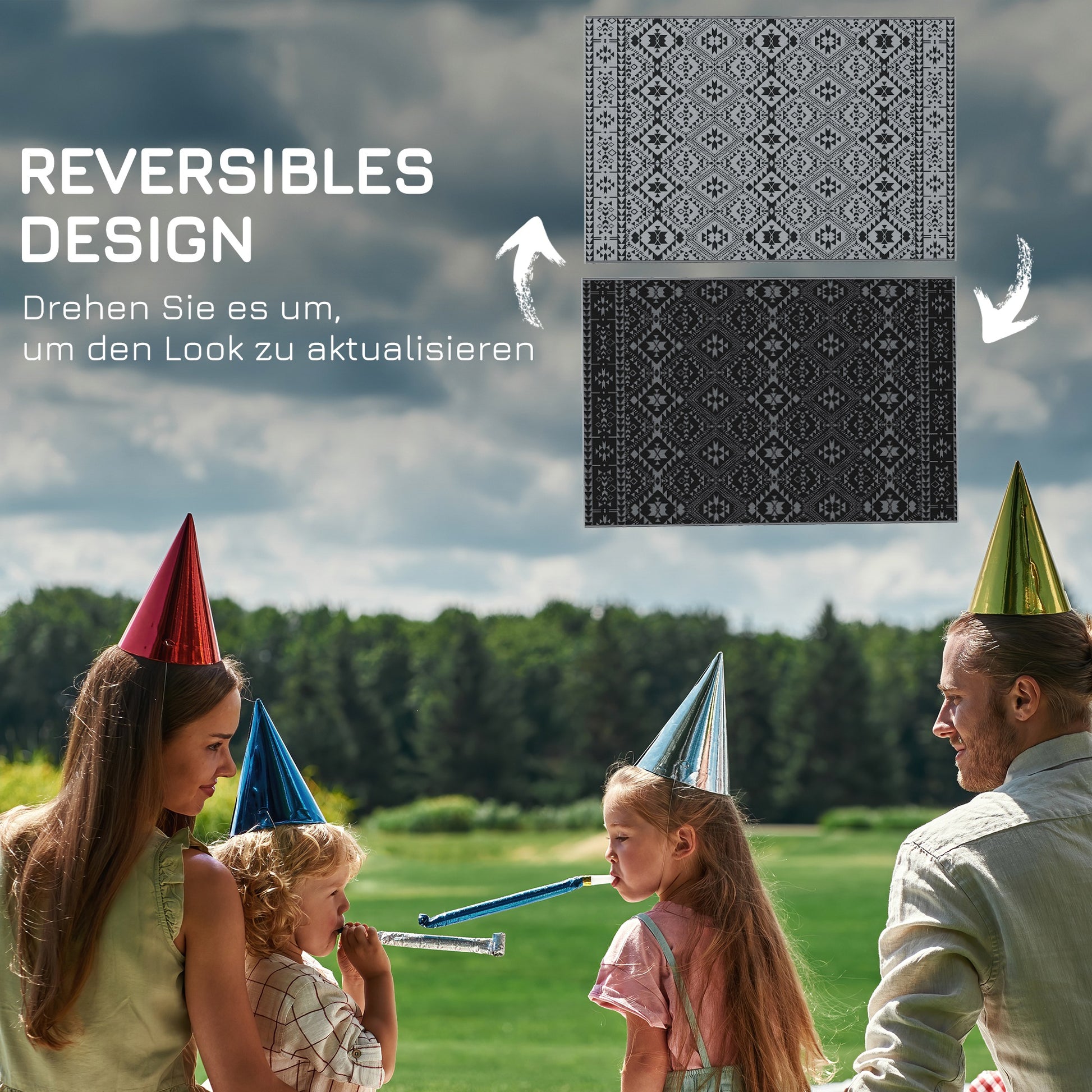 Outdoor Carpet, Plastic Rug Waterproof Reversible Rug, Garden Rug for Camping, Patio, Black+Gray, 182 x 274 cm