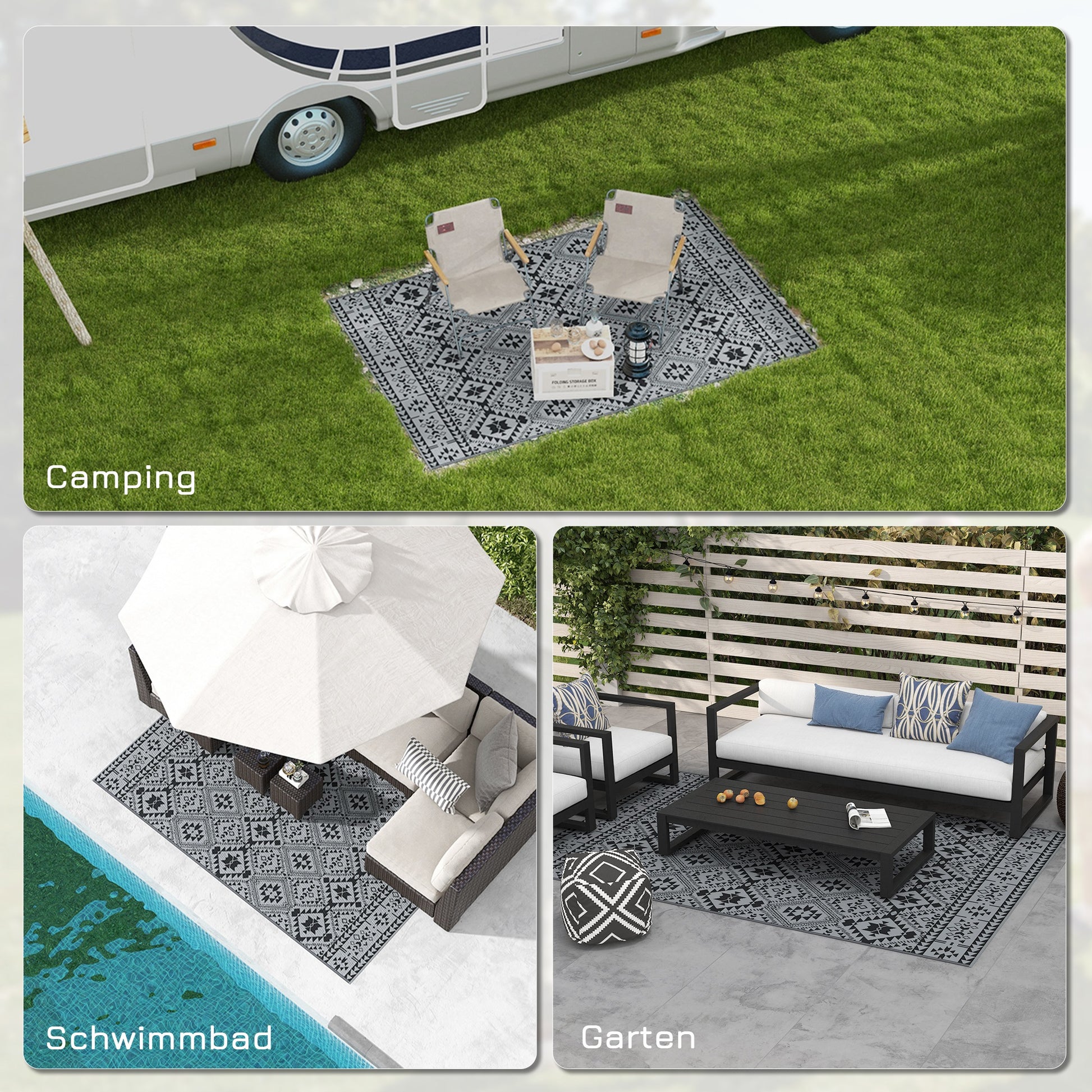 Outdoor Carpet, Plastic Rug Waterproof Reversible Rug, Garden Rug for Camping, Patio, Black+Gray, 182 x 274 cm