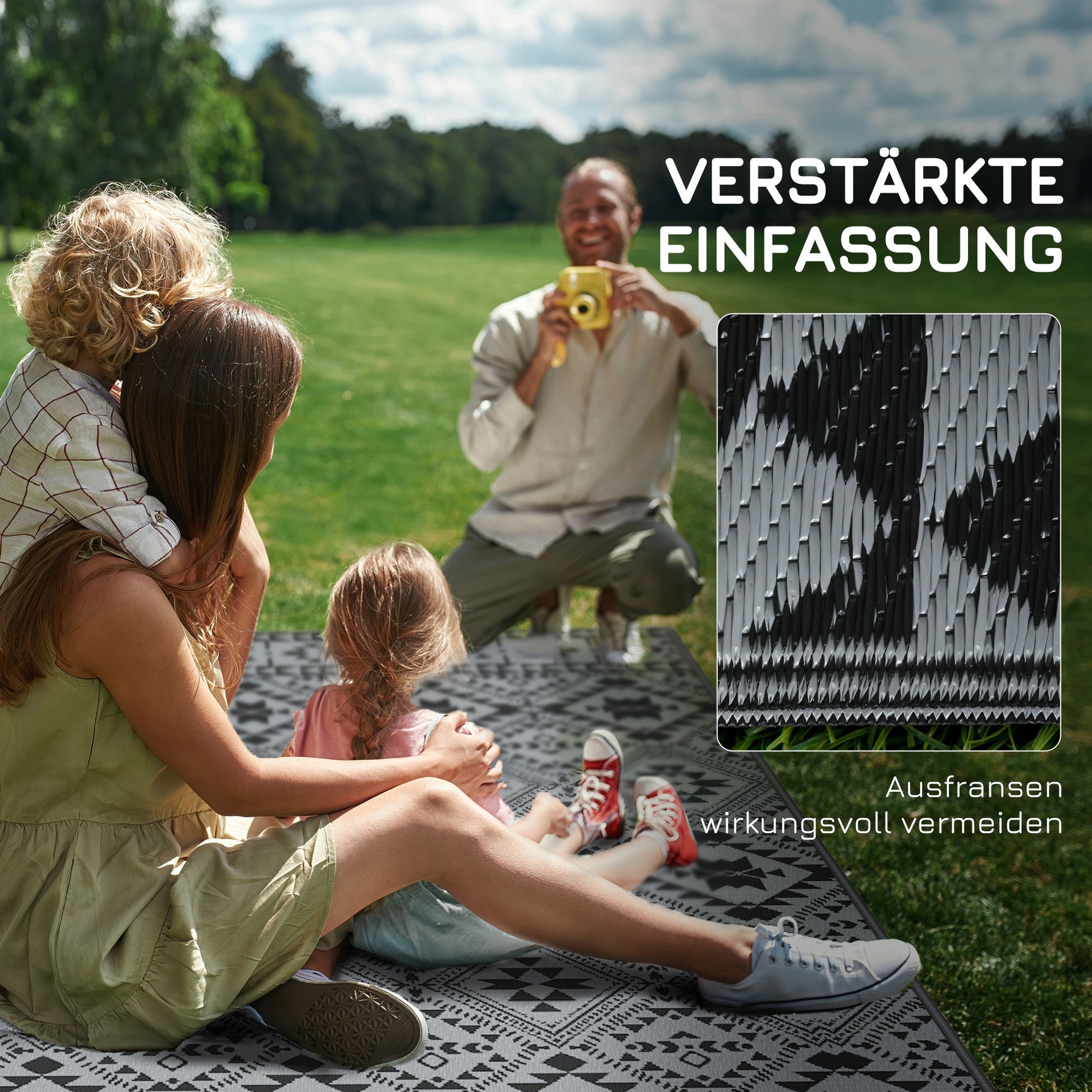 Outdoor Carpet, Plastic Rug Waterproof Reversible Rug, Garden Rug for Camping, Patio, Black+Gray, 182 x 274 cm