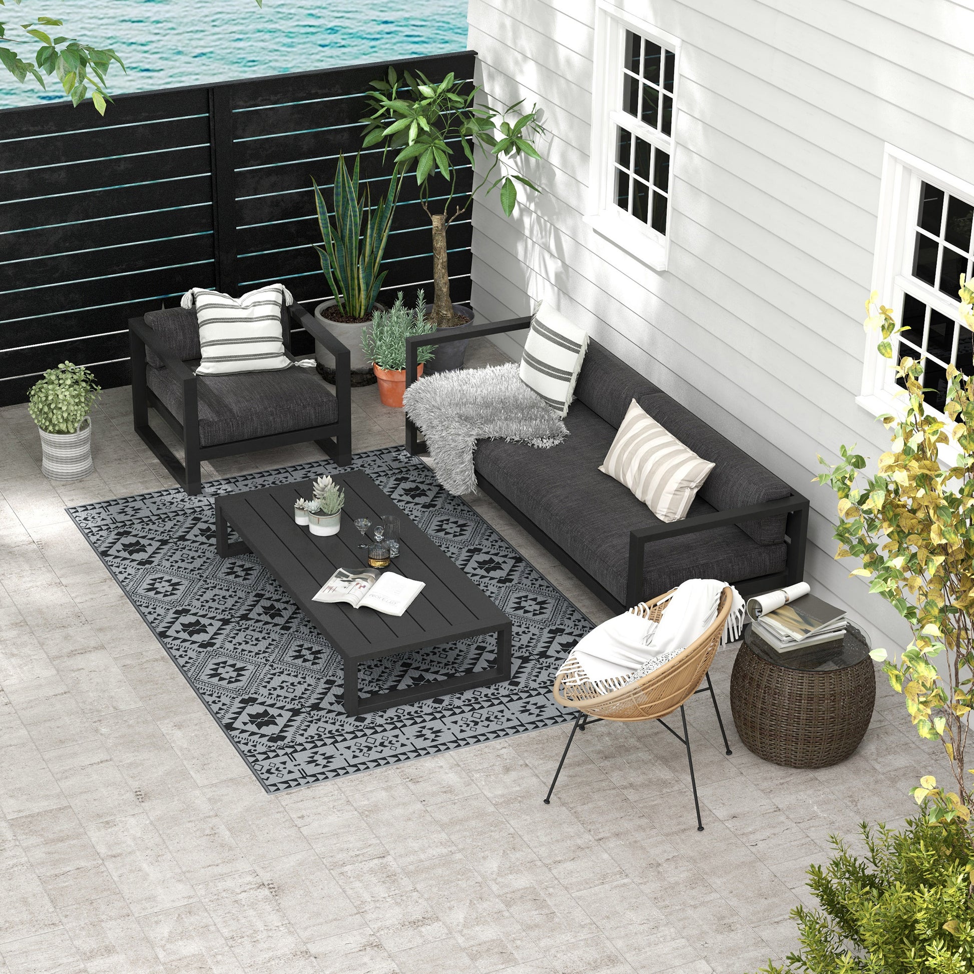 Outdoor Carpet, Plastic Rug Waterproof Reversible Rug, Garden Rug for Camping, Patio, Black+Gray, 182 x 274 cm