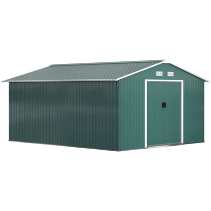 Tool Shed 12.4 m², Garden Shed with Gable Roof, Sliding Door, Foundation, 386 x 340 x 200 cm, Tool Shed Made of Galvanized Steel, Weatherproof, for Garden, Dark Green