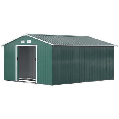 Tool Shed 12.4 m², Garden Shed with Gable Roof, Sliding Door, Foundation, 386 x 340 x 200 cm, Tool Shed Made of Galvanized Steel, Weatherproof, for Garden, Dark Green