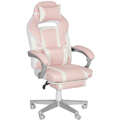 Gaming Chair with Footrest, Height Adjustable Desk Chair with Head and Lumbar Pillows, Rotatable Gaming Seat with Reclining Backrest, Faux Leather, up to 120 kg, Pink