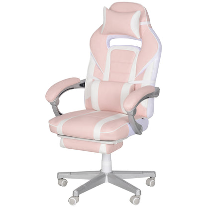 Gaming Chair with Footrest, Height Adjustable Desk Chair with Head and Lumbar Pillows, Rotatable Gaming Seat with Reclining Backrest, Faux Leather, up to 120 kg, Pink