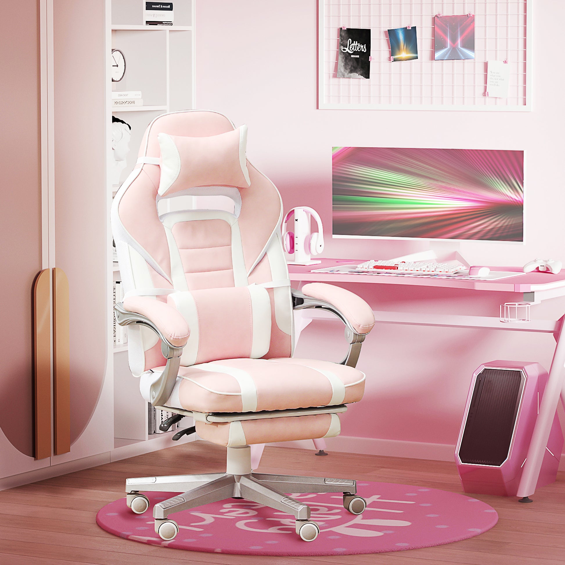 Gaming Chair with Footrest, Height Adjustable Desk Chair with Head and Lumbar Pillows, Rotatable Gaming Seat with Reclining Backrest, Faux Leather, up to 120 kg, Pink