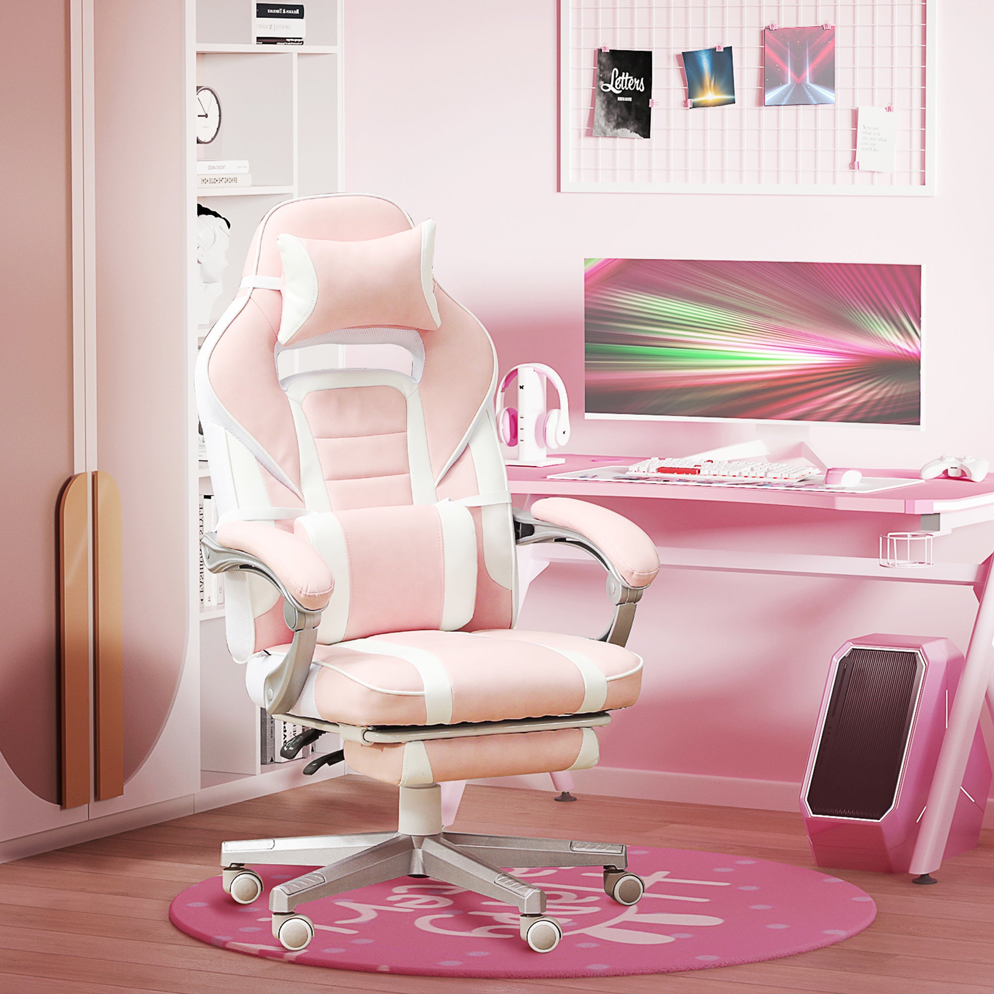 Gaming Chair with Footrest, Height Adjustable Desk Chair with Head and Lumbar Pillows, Rotatable Gaming Seat with Reclining Backrest, Faux Leather, up to 120 kg, Pink