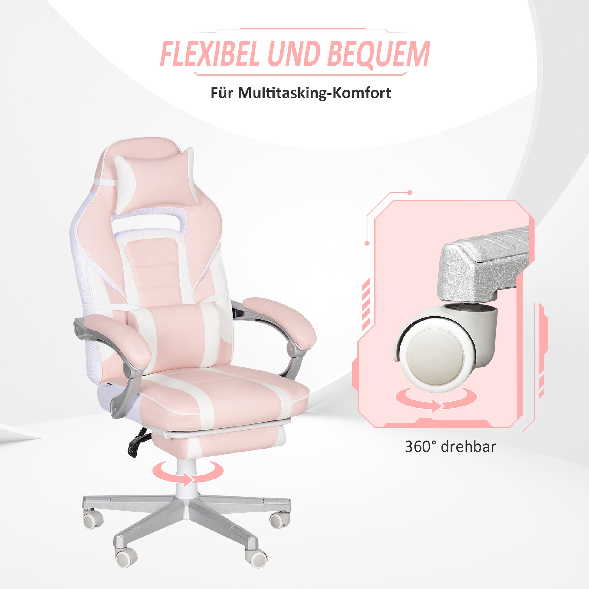 Gaming Chair with Footrest, Height Adjustable Desk Chair with Head and Lumbar Pillows, Rotatable Gaming Seat with Reclining Backrest, Faux Leather, up to 120 kg, Pink