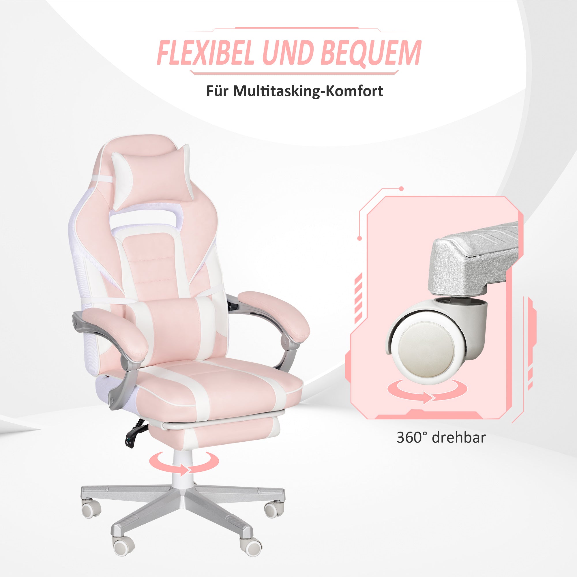 Gaming Chair with Footrest, Height Adjustable Desk Chair with Head and Lumbar Pillows, Rotatable Gaming Seat with Reclining Backrest, Faux Leather, up to 120 kg, Pink