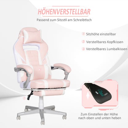 Gaming Chair with Footrest, Height Adjustable Desk Chair with Head and Lumbar Pillows, Rotatable Gaming Seat with Reclining Backrest, Faux Leather, up to 120 kg, Pink