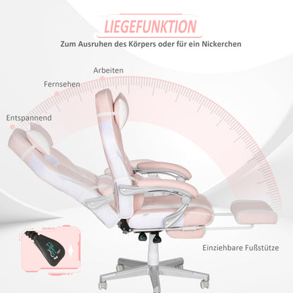 Gaming Chair with Footrest, Height Adjustable Desk Chair with Head and Lumbar Pillows, Rotatable Gaming Seat with Reclining Backrest, Faux Leather, up to 120 kg, Pink