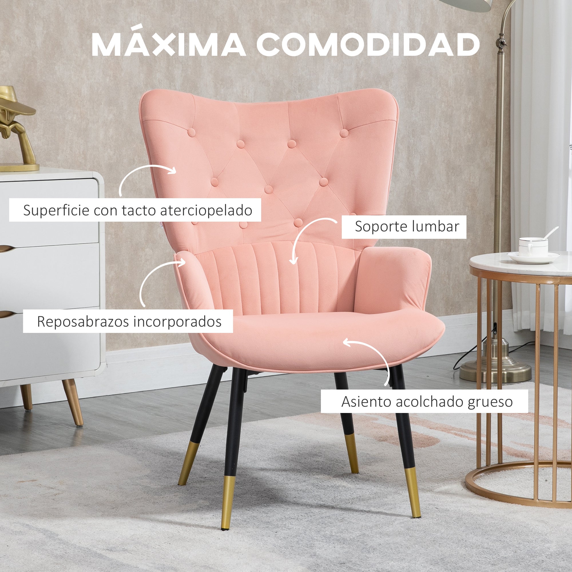 Single Armchair Bedroom Armchair Upholstered in Velvet with High Back Armrests and Steel Legs Modern Style 68x72x103 cm Pink