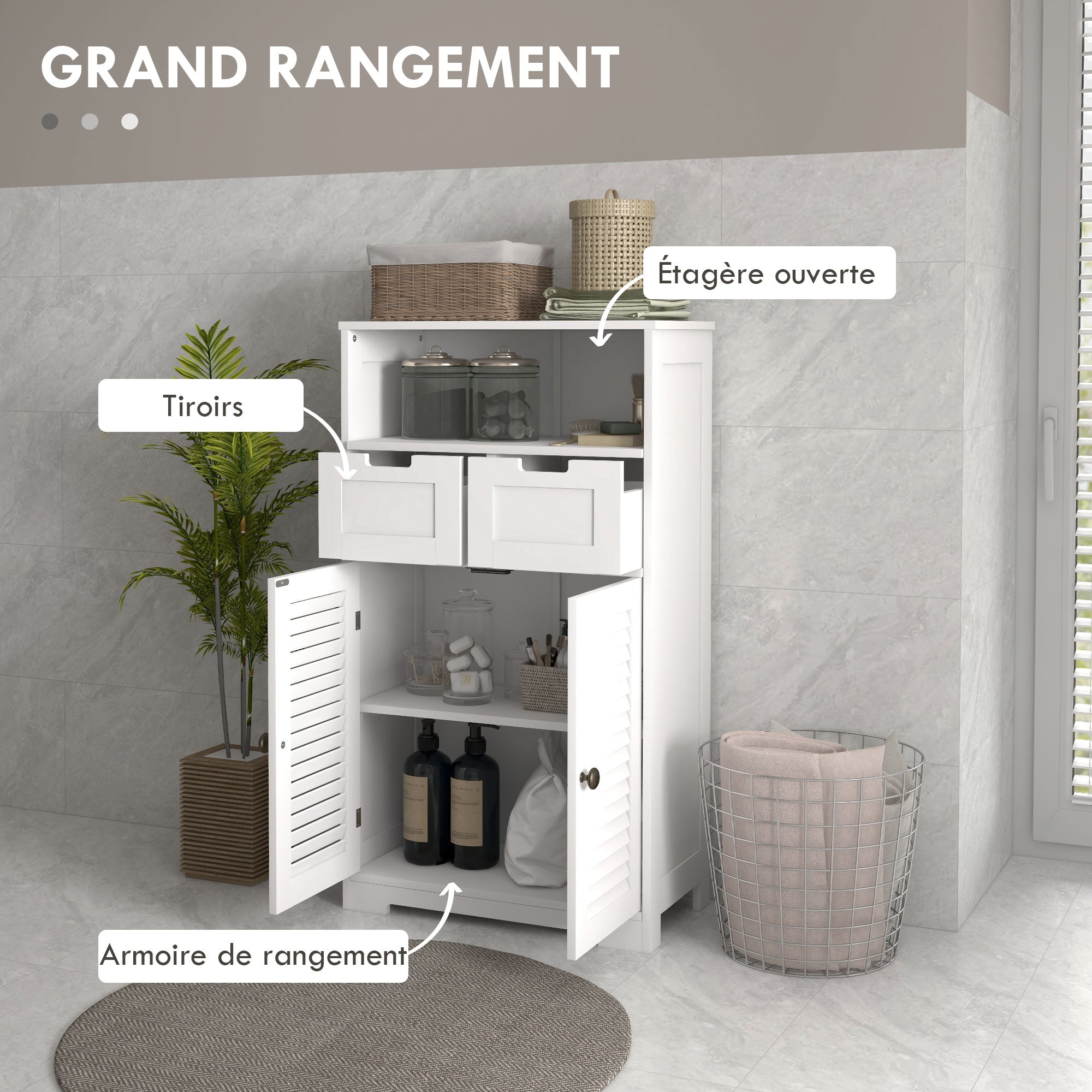 Freestanding Bathroom Cabinet, Storage Furniture, Adjustable Shelf, Space-Saving Cabinet, 2 Doors, 2 Drawers, Niche, 61 x 30.5 x 109.5 cm, White