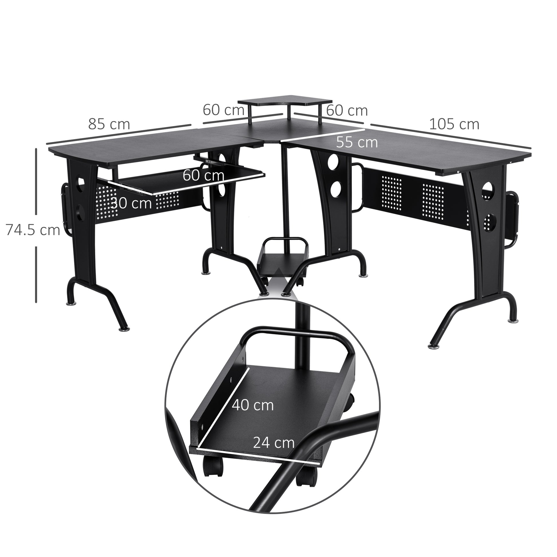 Gaming Desk for Home or Office, L-Shaped Space-Saving Desk with Retractable Keyboard Tray, 165x145x86.5cm, Black