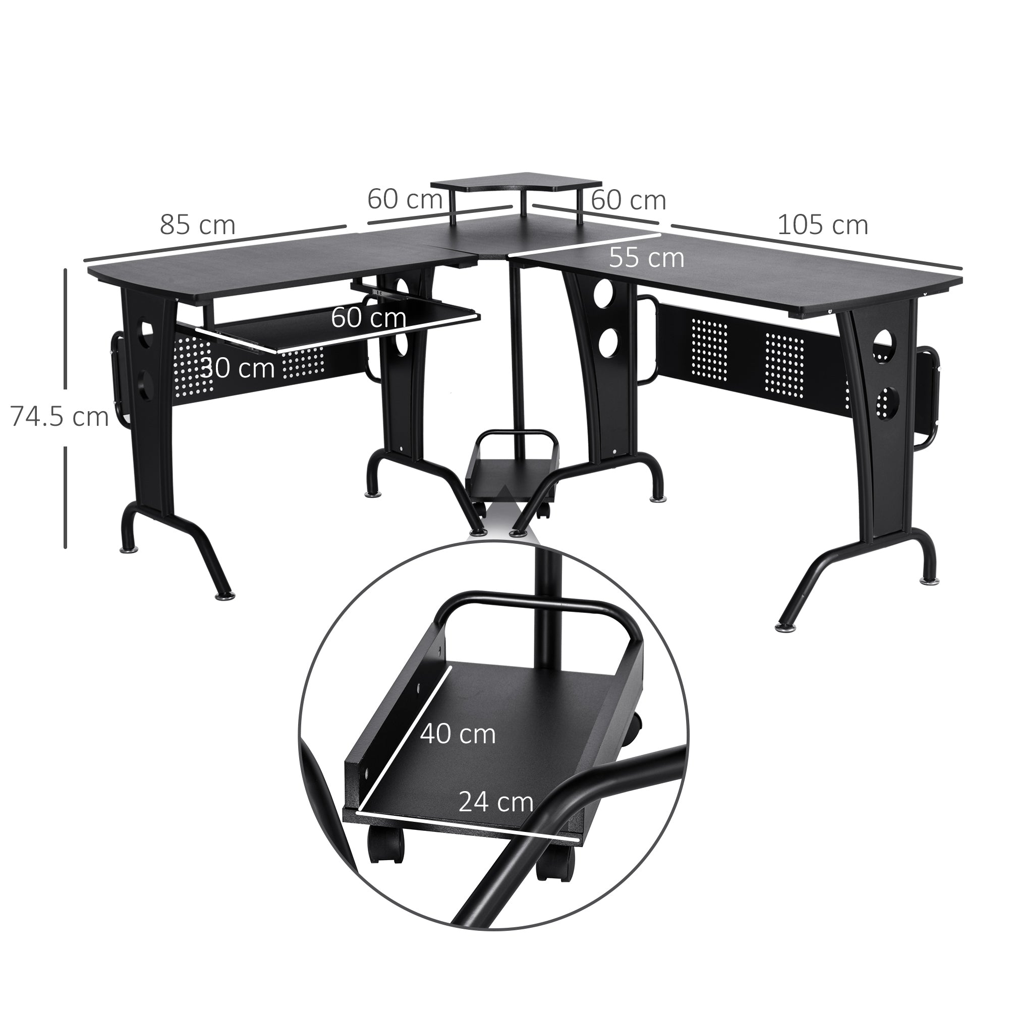 Gaming Desk for Home or Office, L-Shaped Space-Saving Desk with Retractable Keyboard Tray, 165x145x86.5cm, Black
