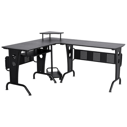 Gaming Desk for Home or Office, L-Shaped Space-Saving Desk with Retractable Keyboard Tray, 165x145x86.5cm, Black