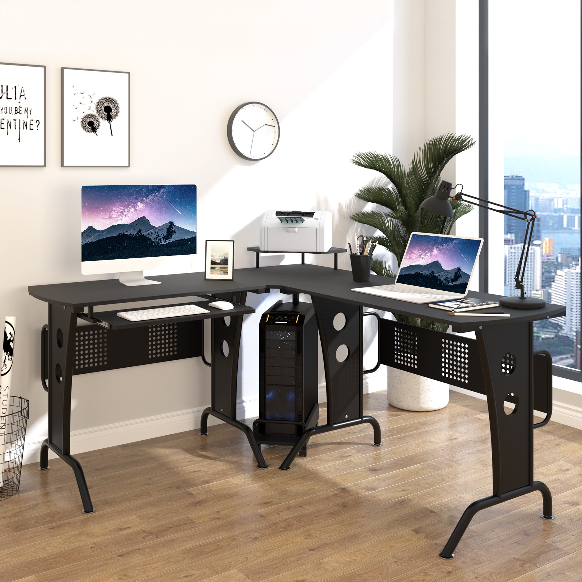 Gaming Desk for Home or Office, L-Shaped Space-Saving Desk with Retractable Keyboard Tray, 165x145x86.5cm, Black