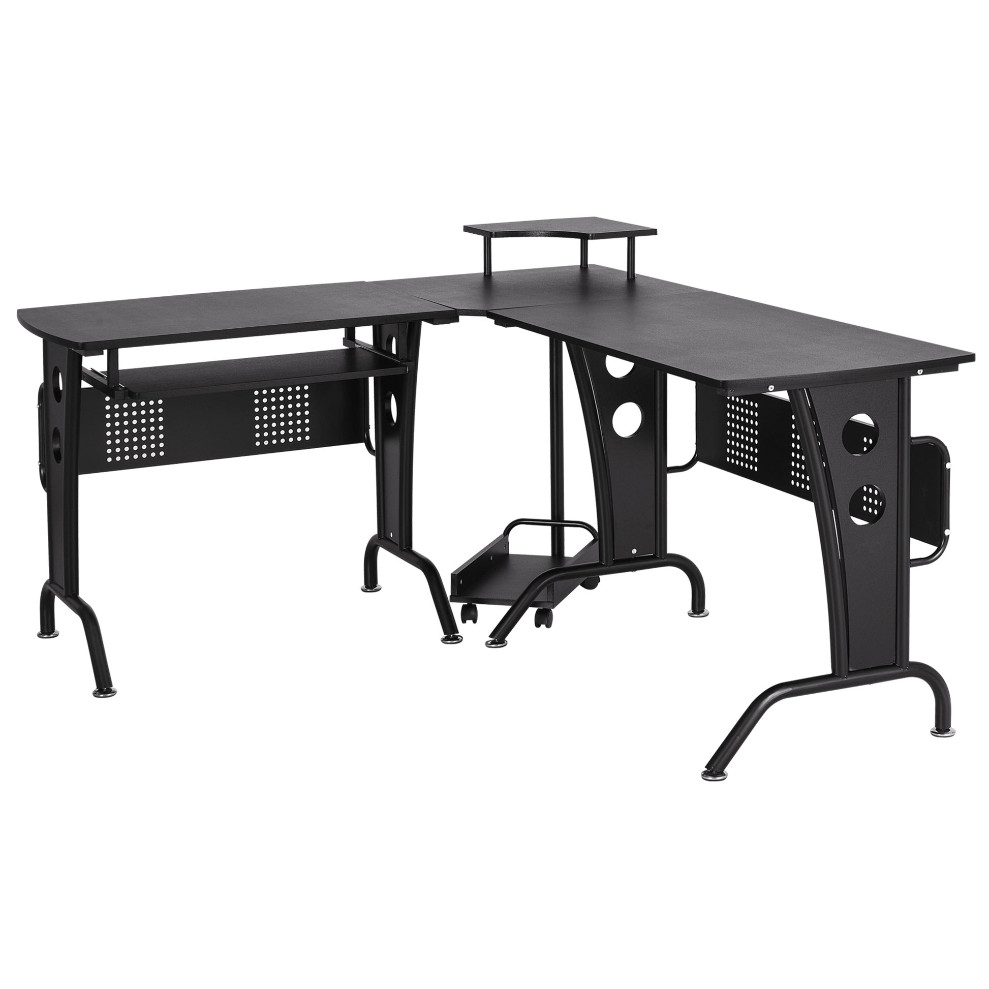 Gaming Desk for Home or Office, L-Shaped Space-Saving Desk with Retractable Keyboard Tray, 165x145x86.5cm, Black
